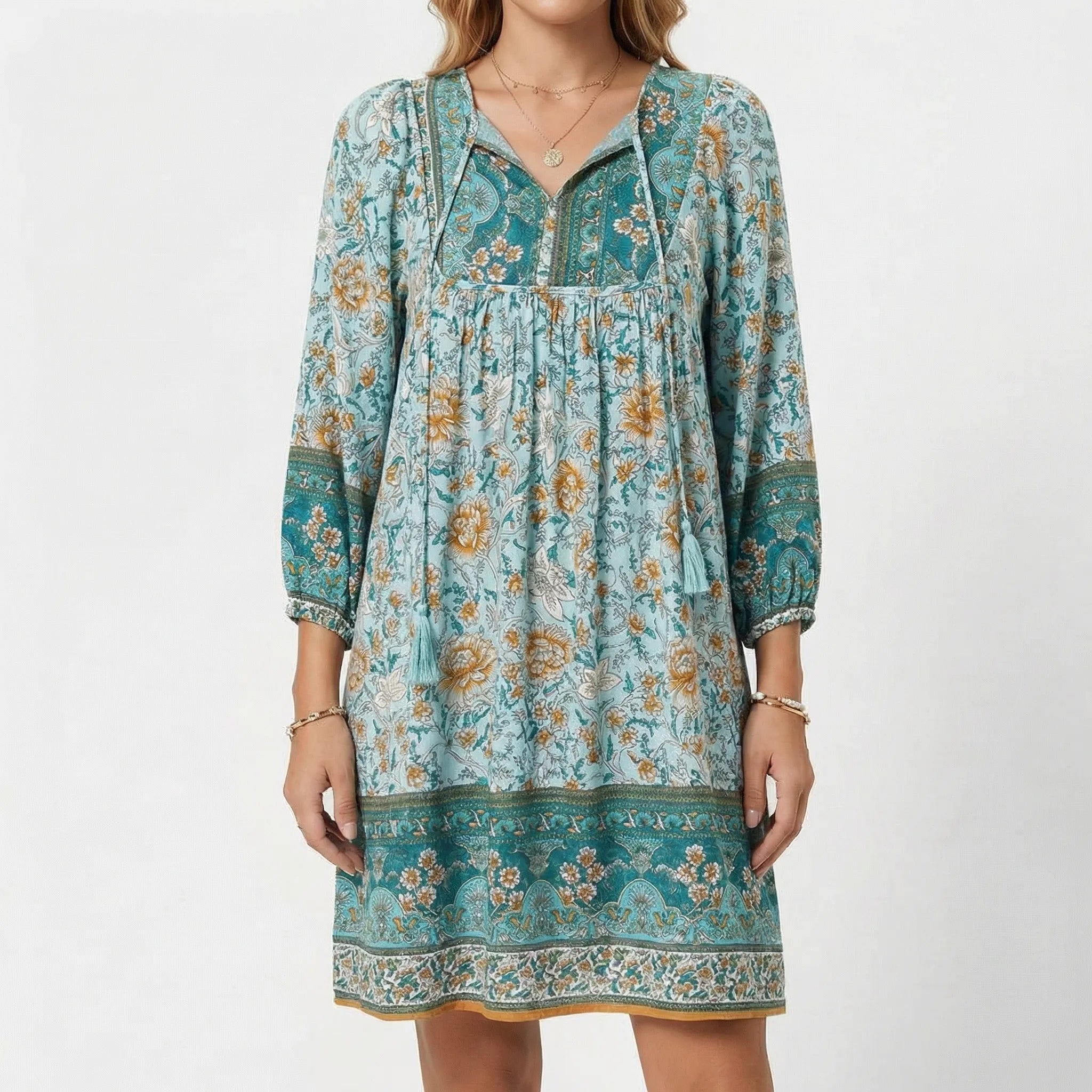 Solenne Floral V-Neck Puff Sleeve Mini Dress