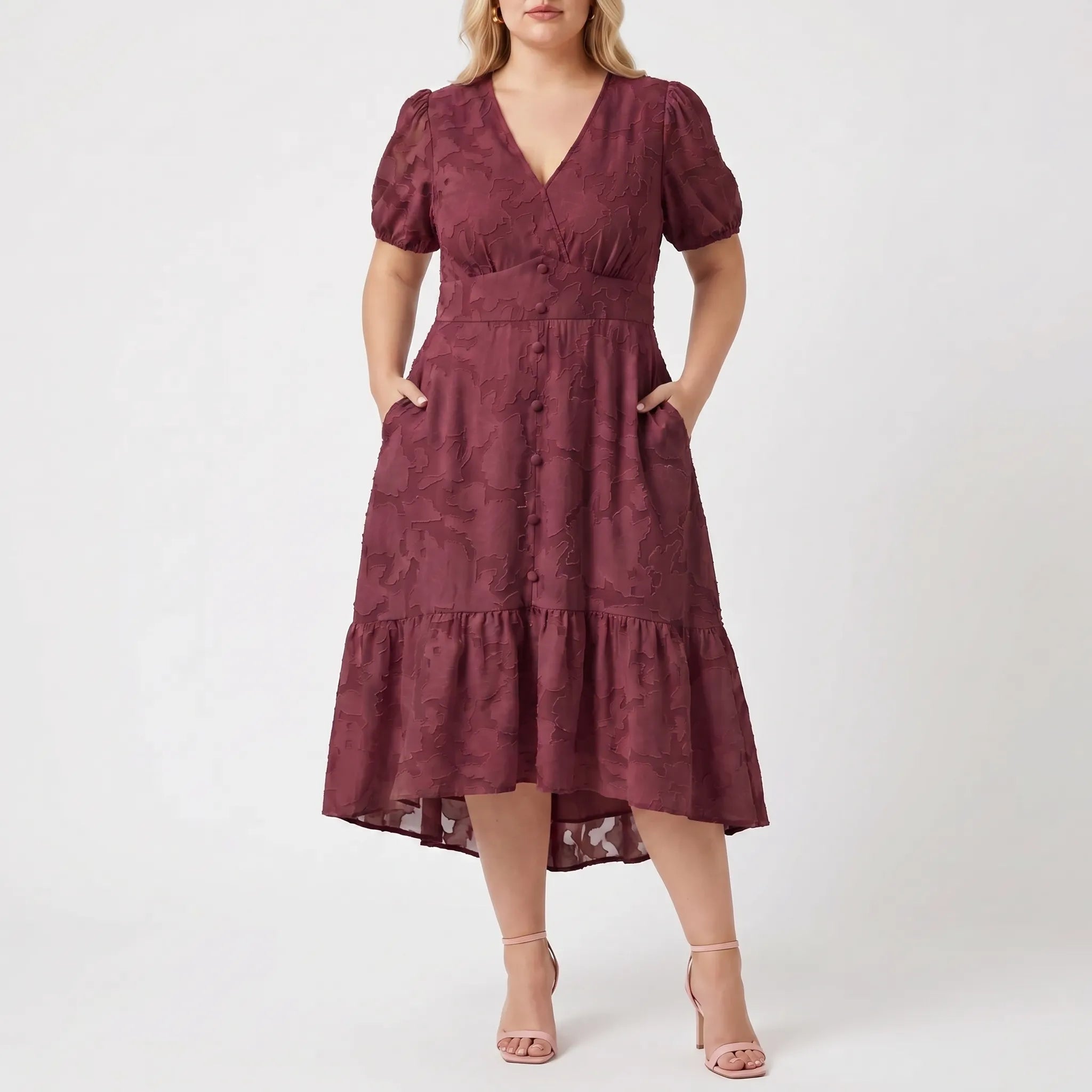 Celestine Textured Lantern Sleeve Midi Dress