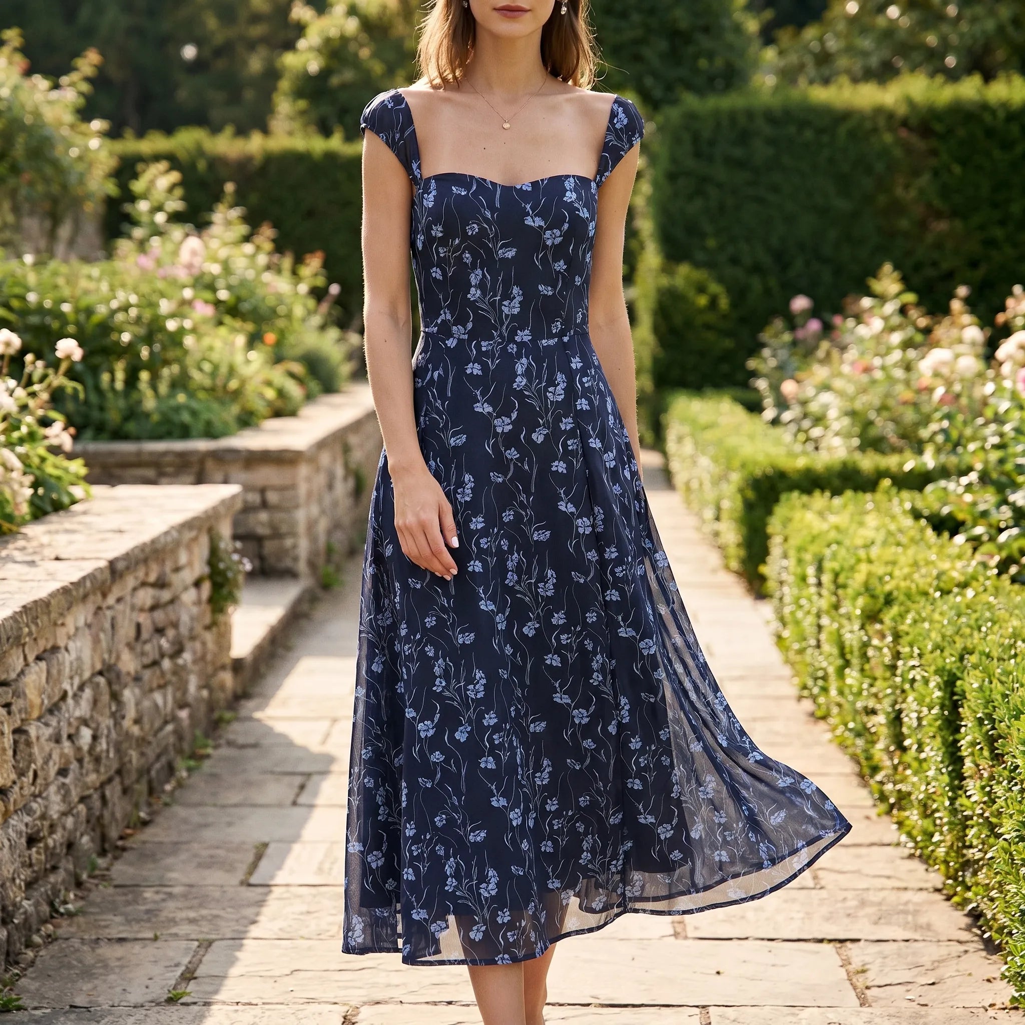 Rosetta Floral Sweetheart Midi Dress