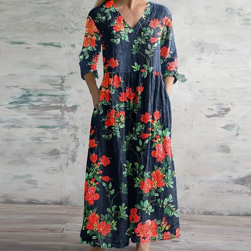 Viora Women's Patchwork V-Neck 3/4 Sleeve Maxi Dress