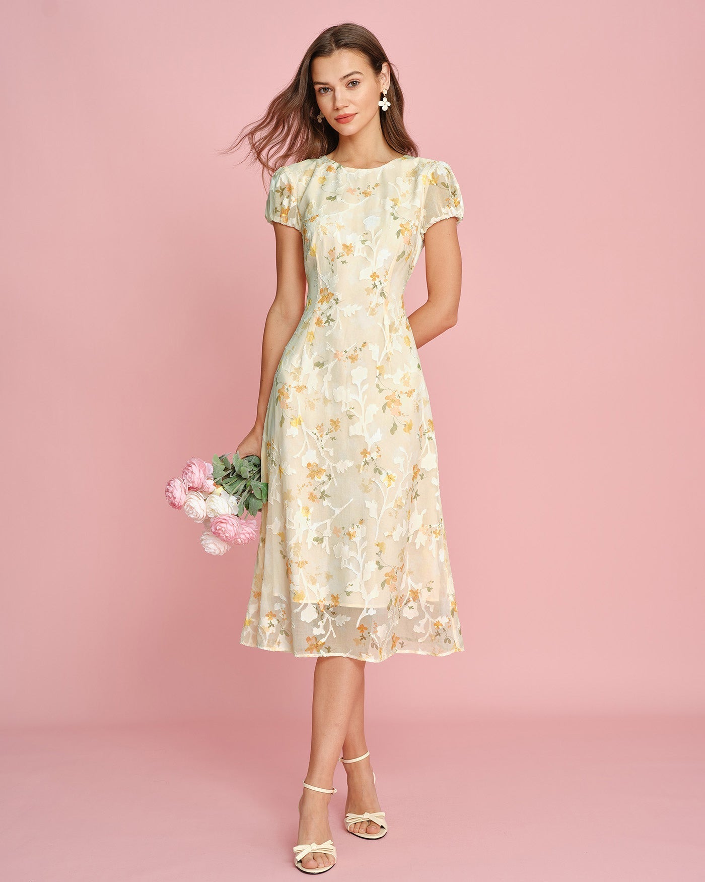 Rosette Textured Floral Midi Dress