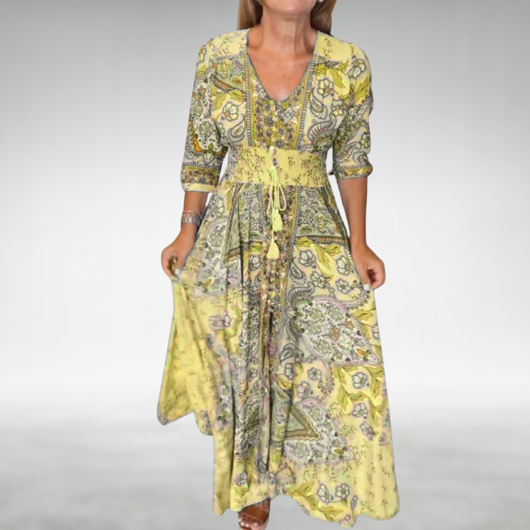 Valeria Paisley V-Neck 3/4 Sleeve Maxi Dress